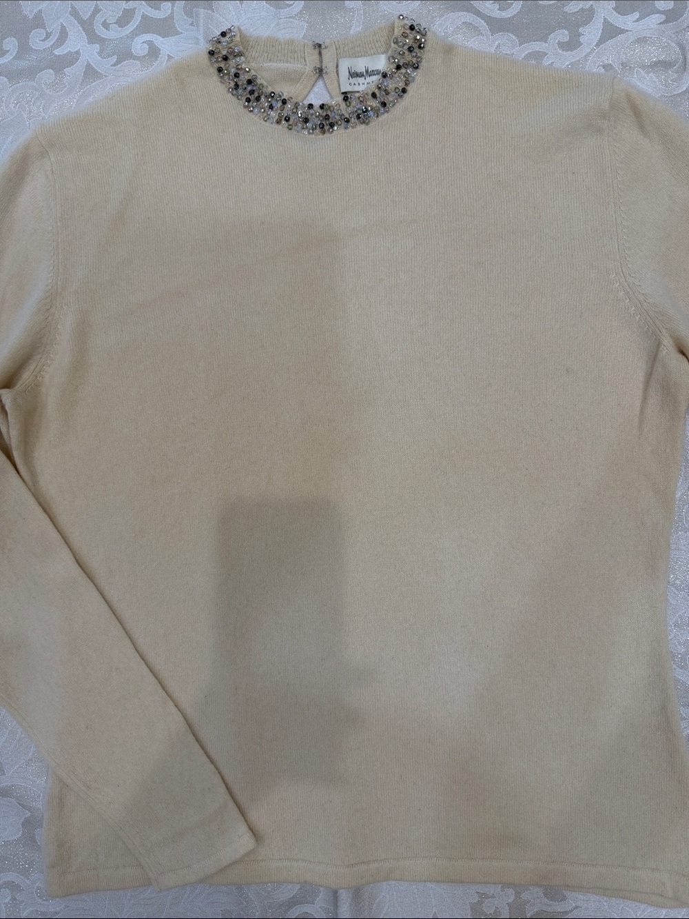 Neiman Marcus Cream Jeweled Crewneck Sweater for Women’s